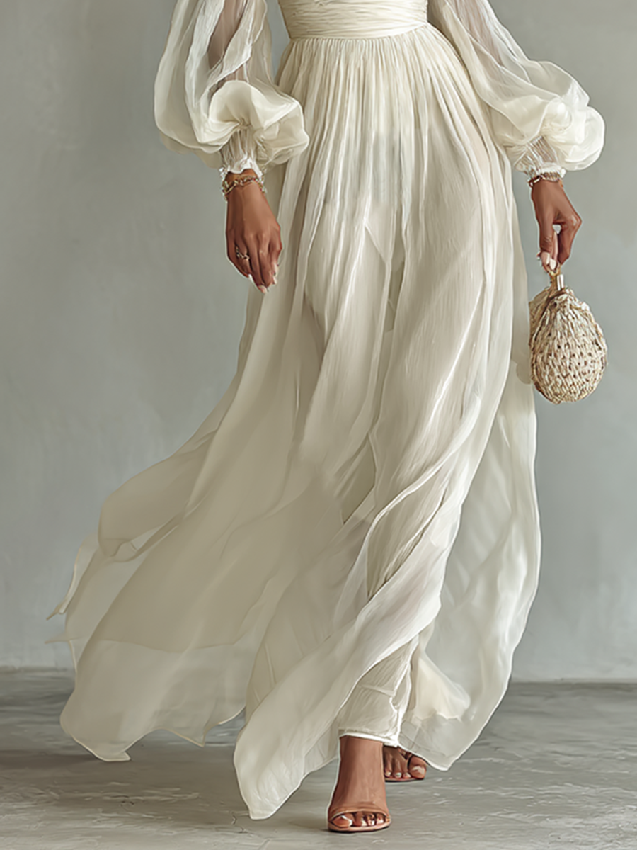 Maxi-jurk van Chiffon voor Dames met Vierkante Hals en Lange Mouwen