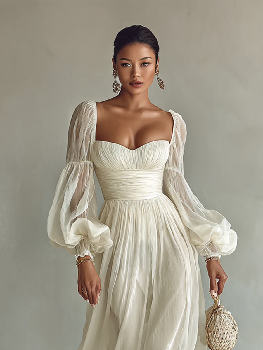 Maxi-jurk van Chiffon voor Dames met Vierkante Hals en Lange Mouwen