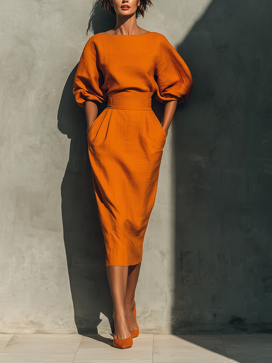 Gonna Midi Vibrante in Misto Cotone-Lino Oranje