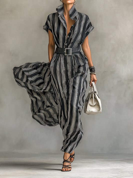 Maxi Jurk Geprinte Chiffon Gestreept met Kraag en Korte Mouwen voor Dames met Ceintuur