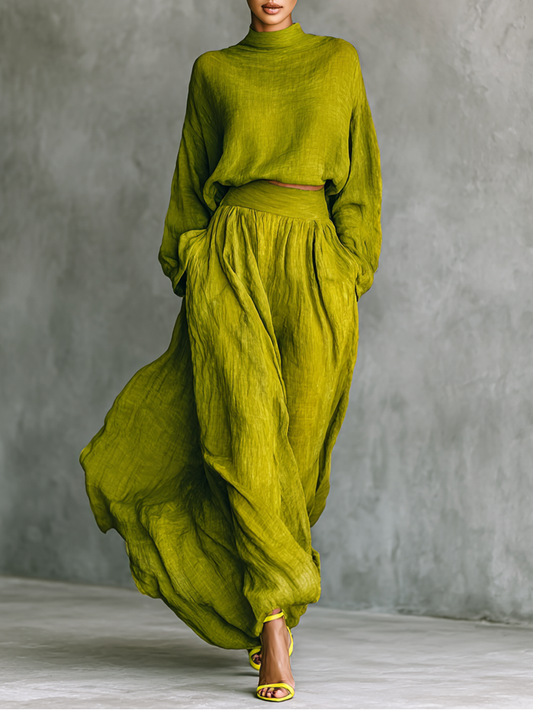 Damesoutfit in groen van katoen-linnenmix