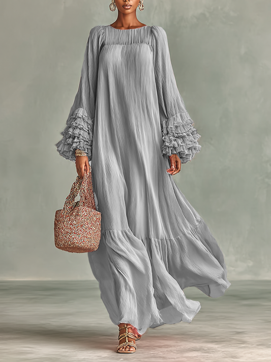 Maxi Jurk in Geplooid Chiffon voor Dames met Lange Mouwen en Ruffles