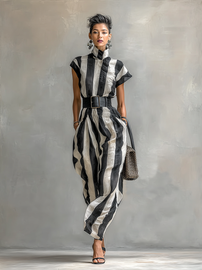 Maxi Jurk in Chiffon met Hoge Hals en Korte Mouwen