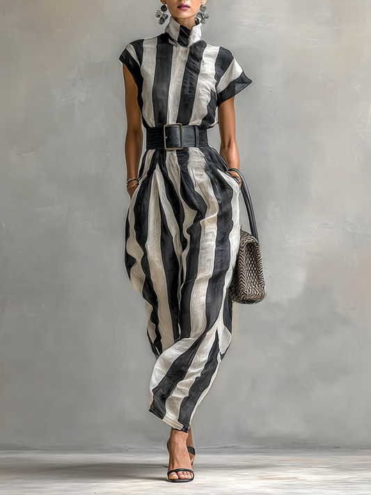 Maxi Jurk in Chiffon met Hoge Hals en Korte Mouwen