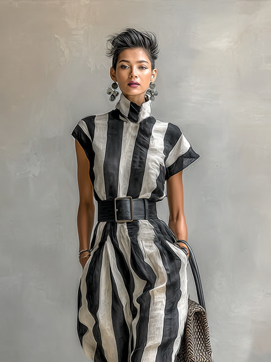 Maxi Jurk in Chiffon met Hoge Hals en Korte Mouwen
