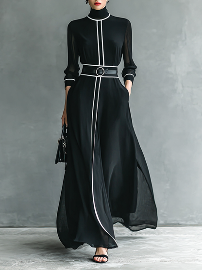 Maxi Jurk in Chiffon met Hoge Hals en Lange Mouwen voor Dames met Witte Rand