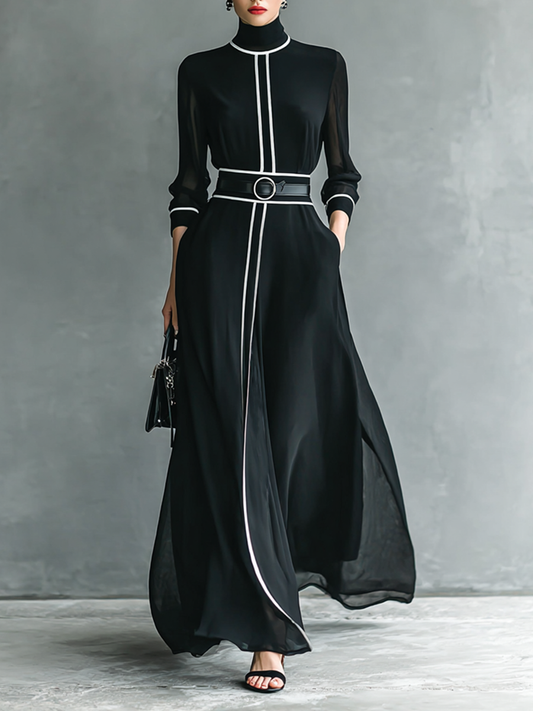 Maxi Jurk in Chiffon met Hoge Hals en Lange Mouwen voor Dames met Witte Rand