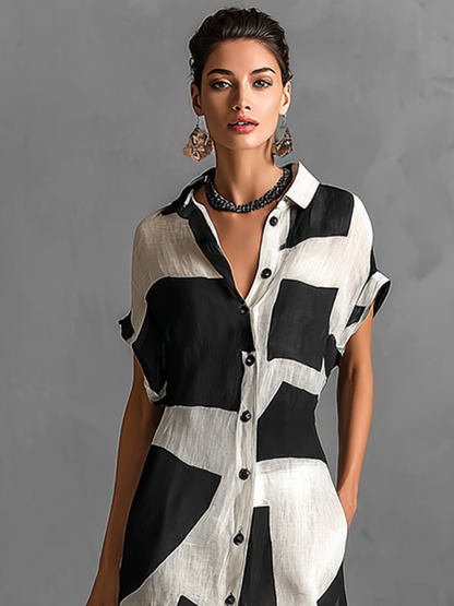 Maxi Blouse Jurk in Chiffon voor Dames met Ongelijke Geometrische Print en Reverskraag, Korte Mouwen, Enkele Knop
