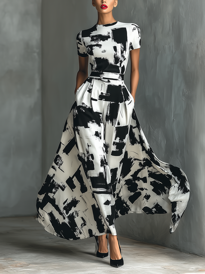 Maxi Jurk met Korte Mouwen en Abstracte Print