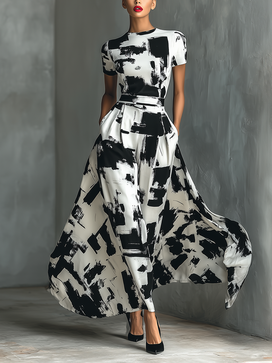 Maxi Jurk met Korte Mouwen en Abstracte Print
