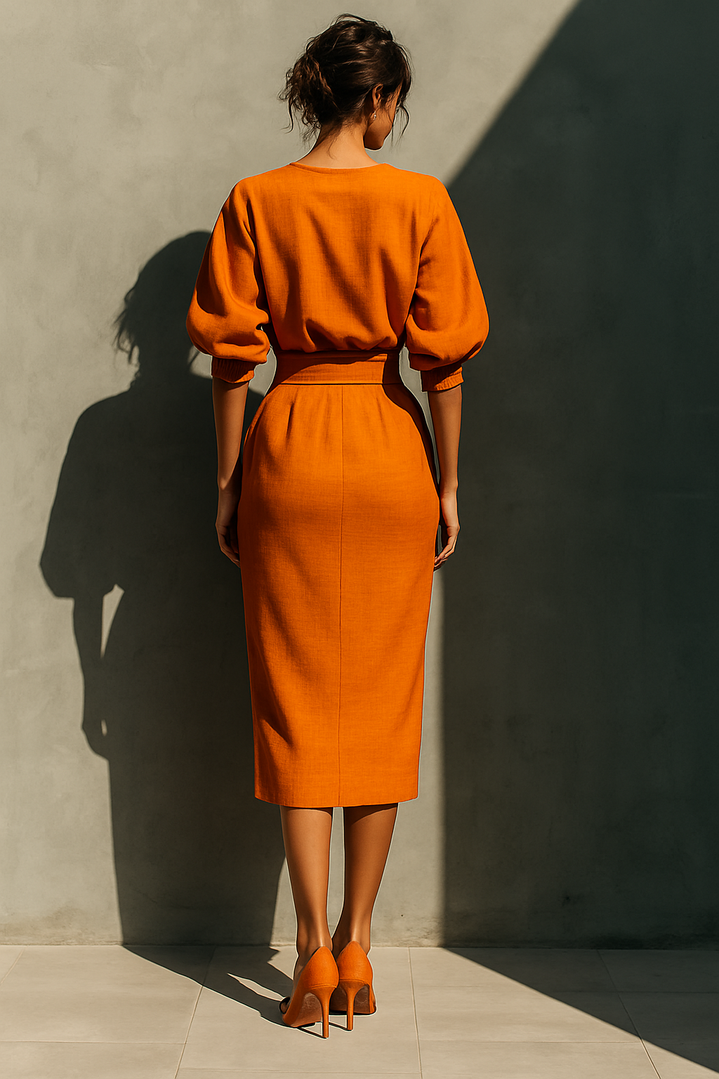 Gonna Midi Vibrante in Misto Cotone-Lino Oranje