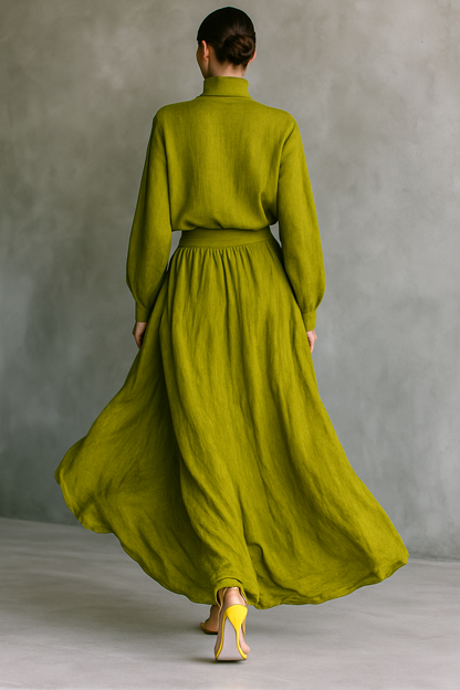 Damesoutfit in groen van katoen-linnenmix